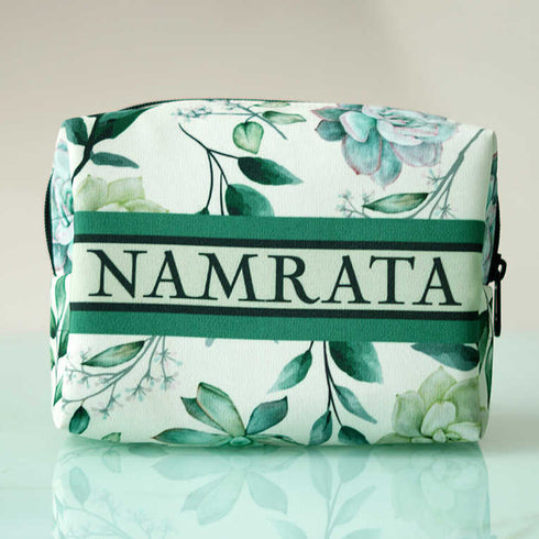 Personalised White & Green Floral Printed Box Pouch - Uncommongifts.in