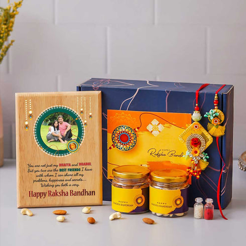 Personalised Wooden Frame With Dry-Fruits Rakhi Combo
