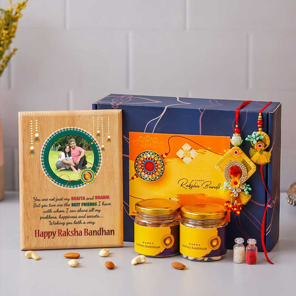 Personalised Wooden Frame With Dry-Fruits Rakhi Combo