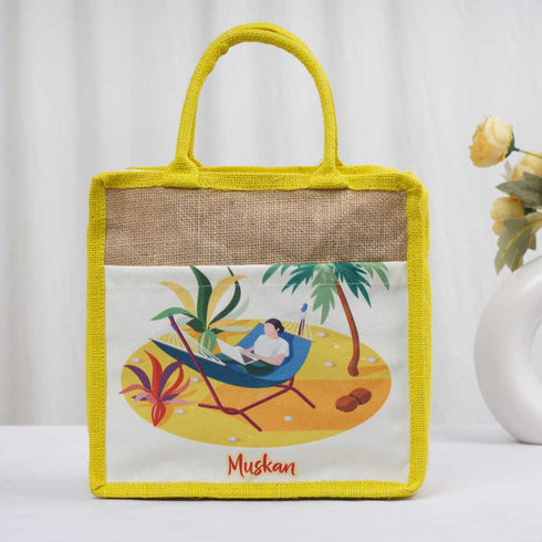 Personalised Yellow Jute & Canvas Lunch Bag - Uncommongifts.in