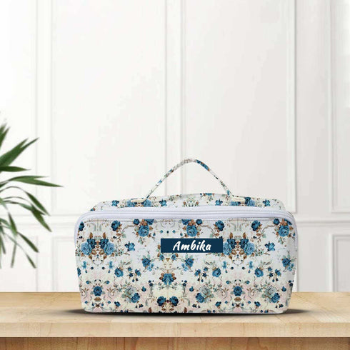 Personalised Blue Floral Traveler Vanity Pouch for Women