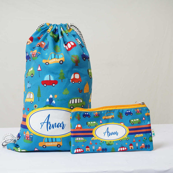Personalised Cars Drawstring Bag & Pencil Pouch Kids Combo
