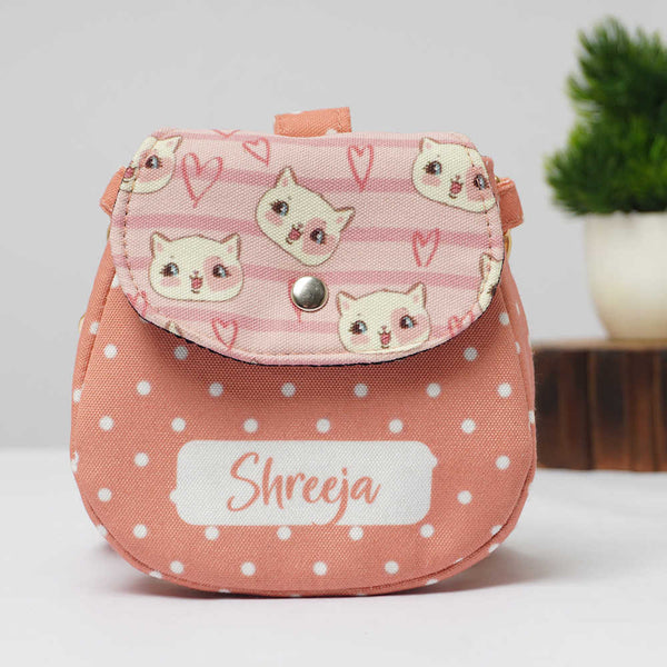 Personalised Cat Face Printed Sling Bag for Kids