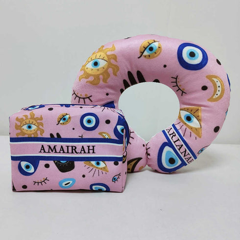 Personalised Evil Eye Printed Neck Pillow & Box Pouch Combo Gift Set