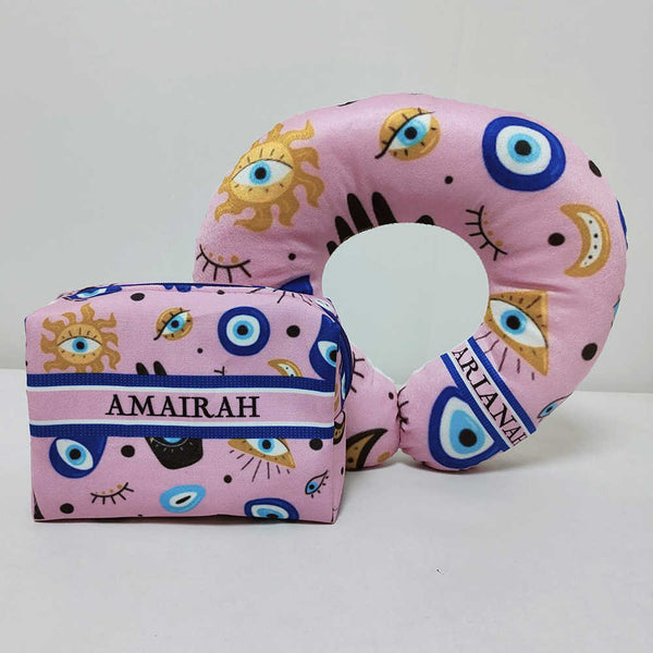 Personalised Evil Eye Printed Neck Pillow & Box Pouch Combo Gift Set