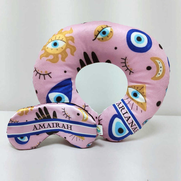 Personalised Evil Eye Printed Neck Pillow & Eye Mask Combo Gift Set