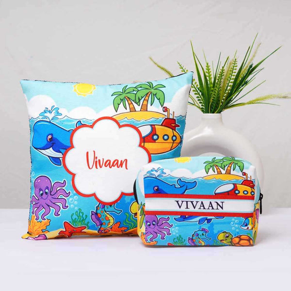 Personalised Fish Printed Cushion & Box Pouch Kids Combo