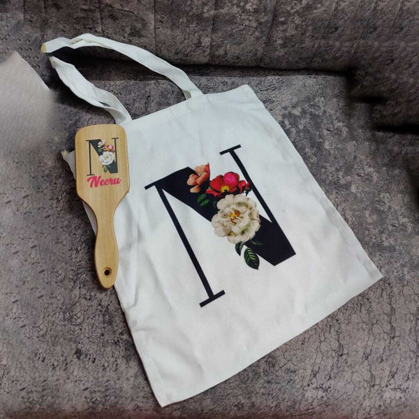 Personalised Floral Printed Tote Bag & Hairbrush Gift Combo
