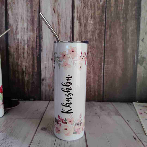 Personalised Floral Skinny Tumbler With Steel Straw