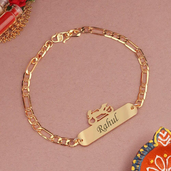 Personalised Gold Bracelet Bike Rakhi For Brother