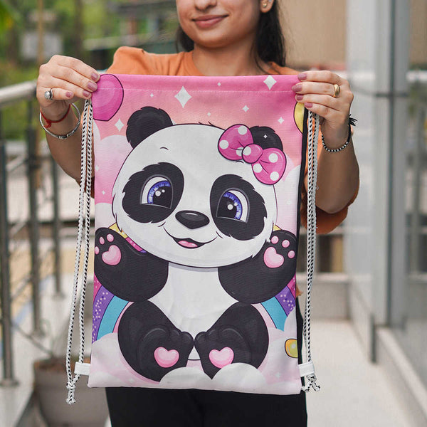 Personalised Panda Printed Kids Drawstring Bag