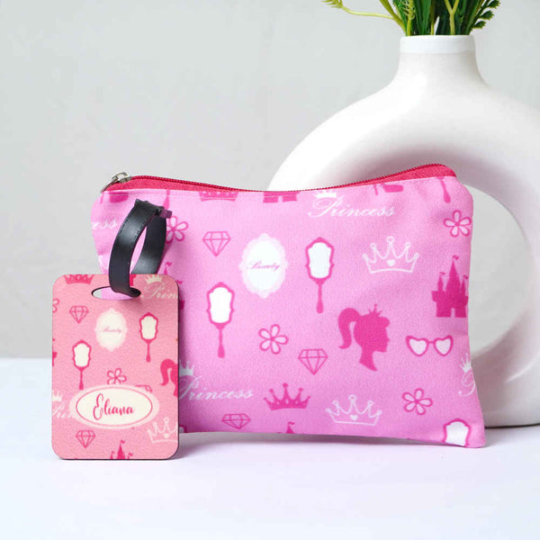 Personalised Pink Printed Kids Pouch & Luggage Tag Combo