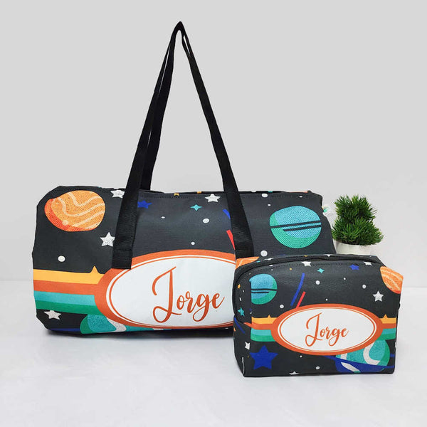 Personalised Space Printed Kids Large Duffle Bag & Box Pouch Combo Gift Set