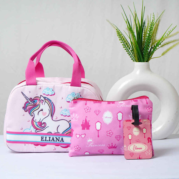 Personalised Unicorn Printed Kids Lunch Bag Combo Gift Set