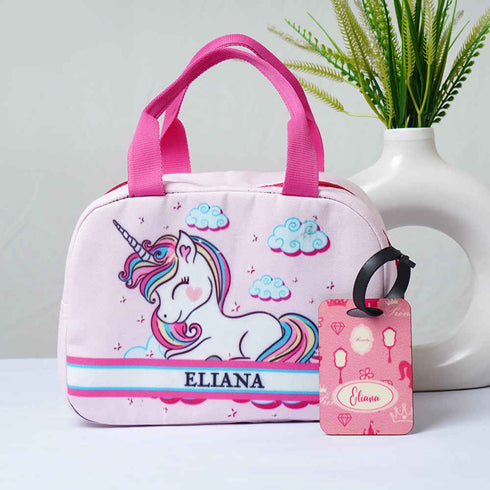 Personalised Unicorn Printed Kids Lunch Bag & Luggage Tag Combo