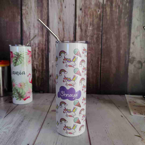 Personalised Unicorn Skinny Tumbler With Steel Straw