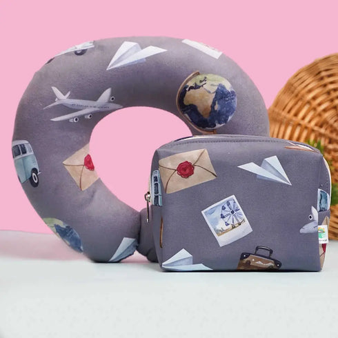 Personalized Airplane Printed Neck Pillow with Box Pouch Combo for Kids
