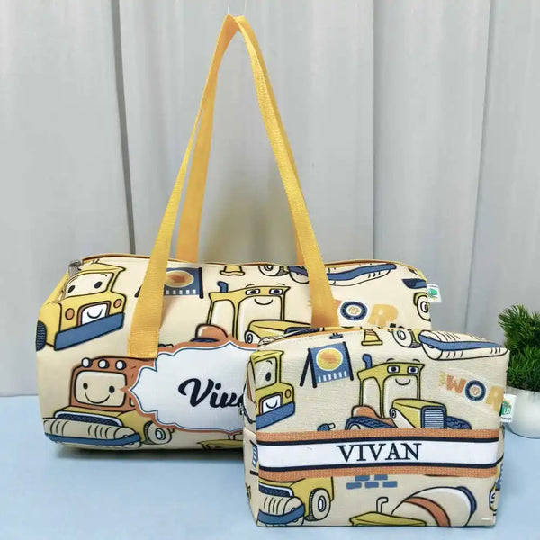 Personalized Car Print Duffle Bag with Box Pouch Combo for Kids