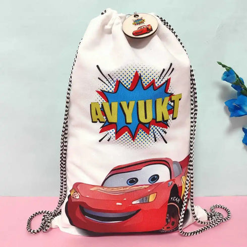 Personalized Car Printed Drawstring Bag with Keychain Combo for Kids