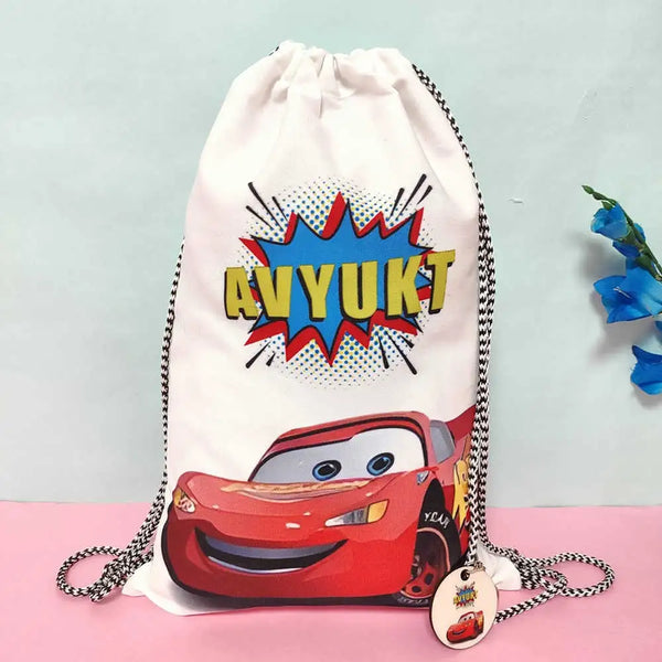 Personalized Car Printed Drawstring Bag with Keychain Combo for Kids