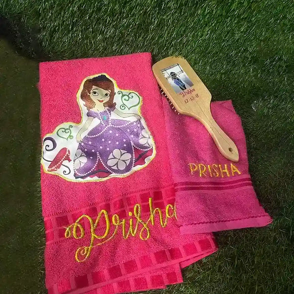 Personalized Cartoon Printed Kids Towel with Hair Brush Combo