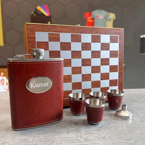 Personalized Chess Box Hip Flask Set