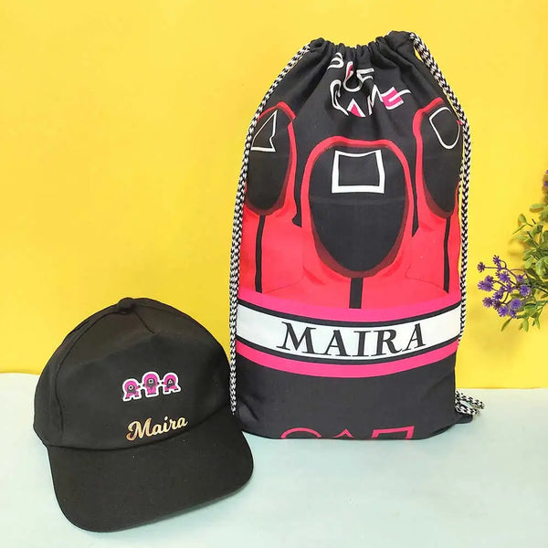 Personalized Drawstring Bag with Cap Combo for Kids
