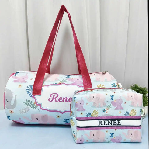 Personalized Elephant Print Duffle Bag with Box Pouch Combo for Kids