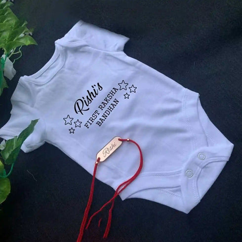 Personalized First Raksha Romper with Name Rakhi Combo