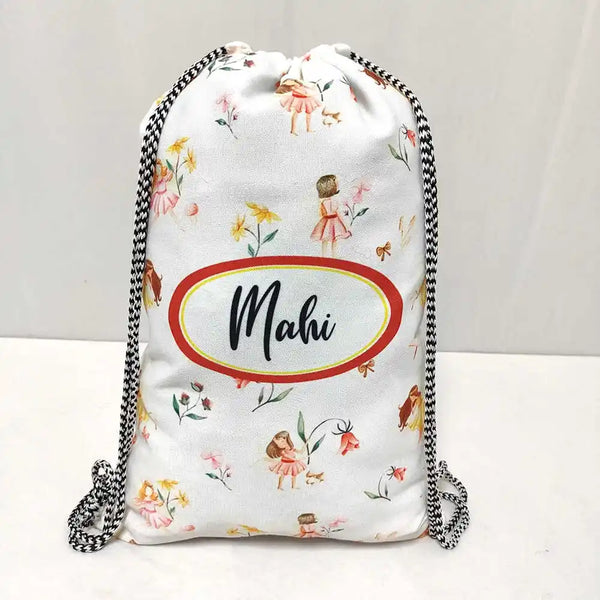 Personalized Floral Printed Drawstring Bag for Kids