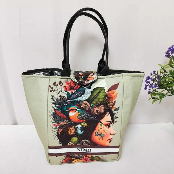 Personalized Floral Printed Lunch Bag With Handle