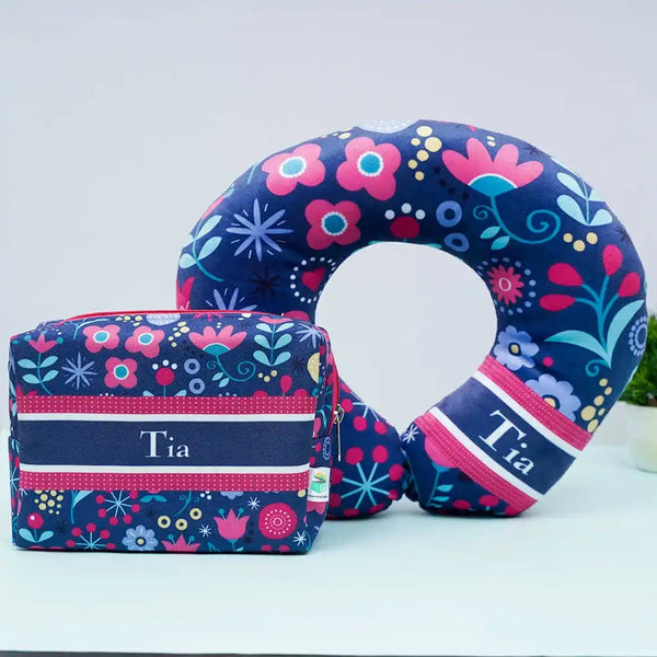 Personalized Floral Printed Neck Pillow with Box Pouch Combo for Kids