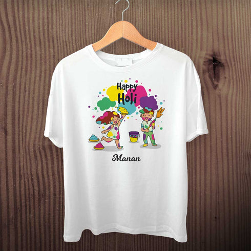 Personalized Happy Holi Printed T-Shirt - Uncommongifts.in