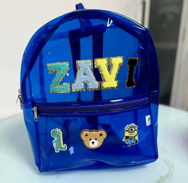 Personalized Kids Jelly Backpack with Patch and Initial Letter - Blue