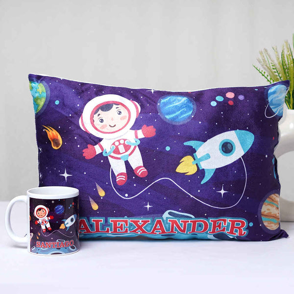 Personalized Space Printed Kids Pillow & Mug Combo