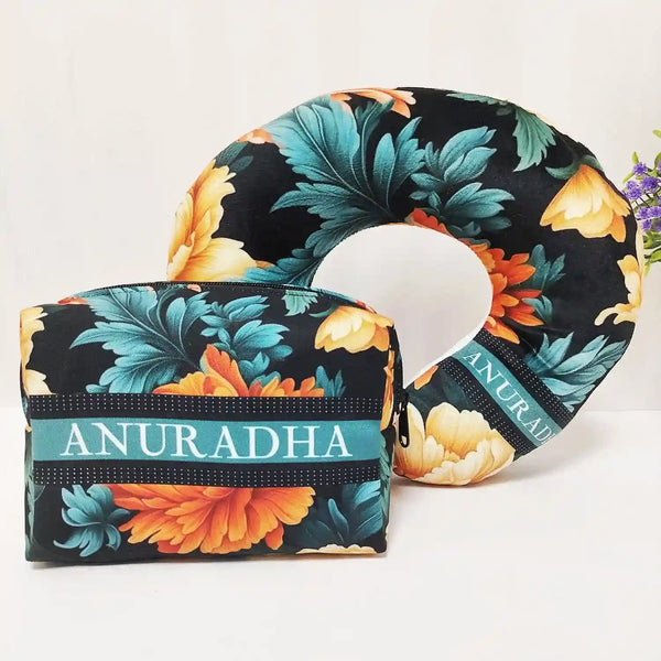 Personalized Leaf Printed Neck Pillow with Box Pouch Combo