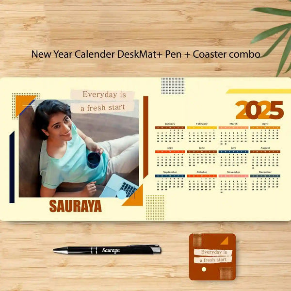 Personalized New Year Calendar DeskMat with Pen & Coaster Combo