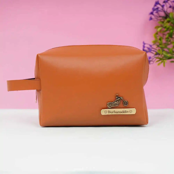 Personalized PU Box Pouch with Charm- Tan