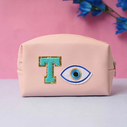 Personalized PU Pouch with Patch and Initial Letter - Peach