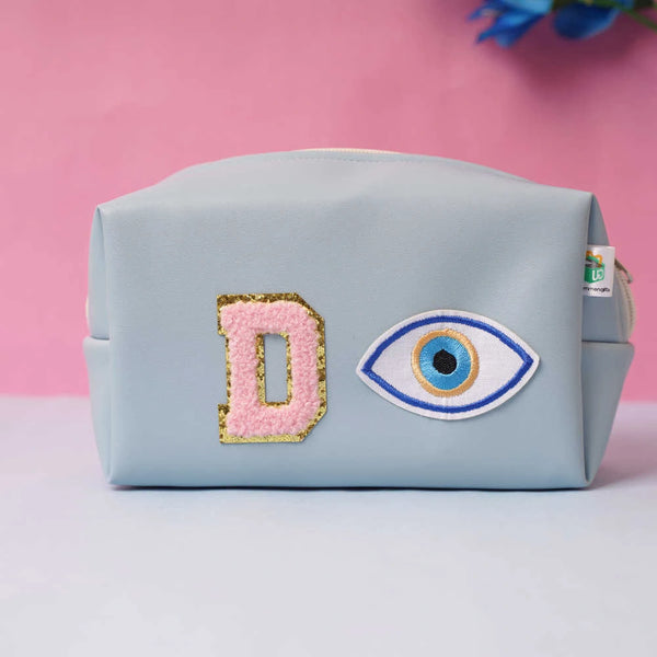 Personalized PU Pouch with Patch and Initial Letter - Sky Blue