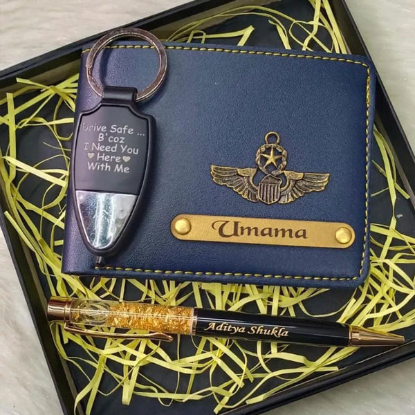 Personalized Pen Keychain Combo Gift Set - Blue - Uncommongifts.in