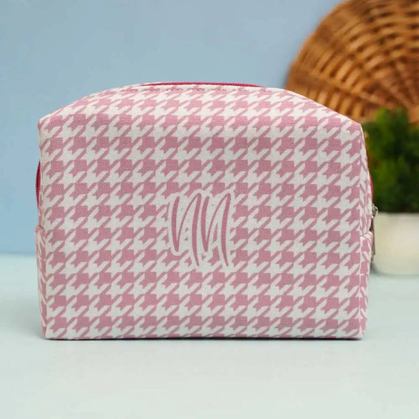 Personalized Pink Check Printed Box Pouch for Women