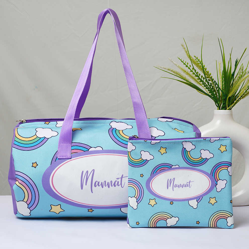 Personalized Rainbow Printed Kids Duffle Bag Pouch Gift Combo