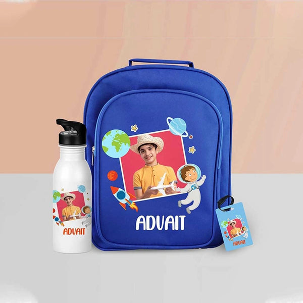 Personalized School Bag & Steel Sipper with Bag Tag Combo For Kids