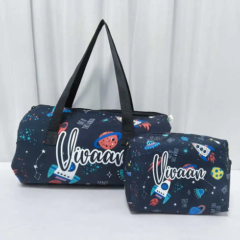 Personalized Space Print Duffle Bag with Box Pouch Combo for Kids