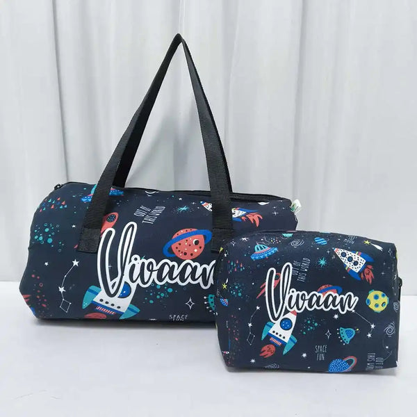 Personalized Space Print Duffle Bag with Box Pouch Combo for Kids