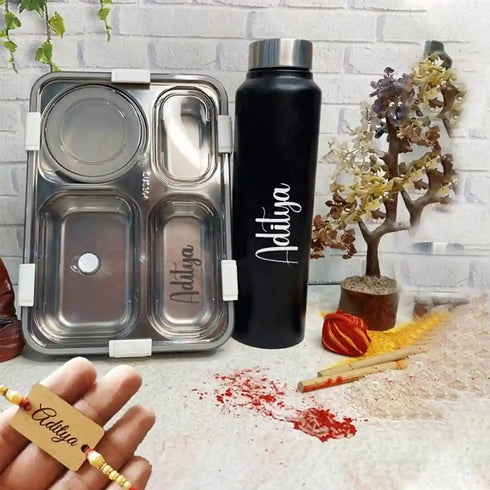 Personalized Steel Bottle with Lunch Box Rakhi Combo for Kids