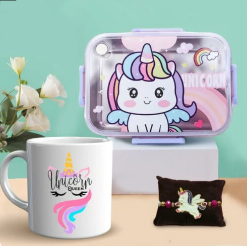 Personalized Unicorn Lunch Box Rakhi Hamper for Kids