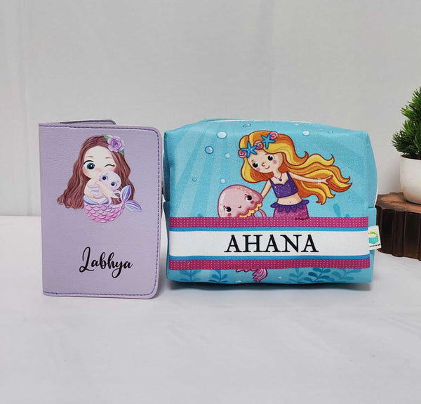 Personalized Mermaid Printed Kids Passport Cover & Box Pouch Combo
