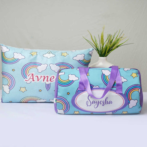Personalized Rainbow Printed Kids Pillow & Duffle Bag Combo